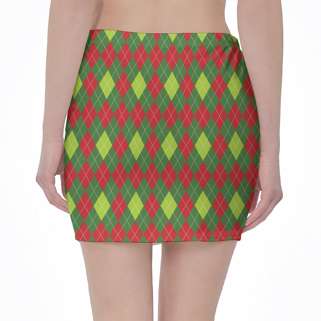 Green And Red Christmas Argyle Print Pencil Mini Skirt