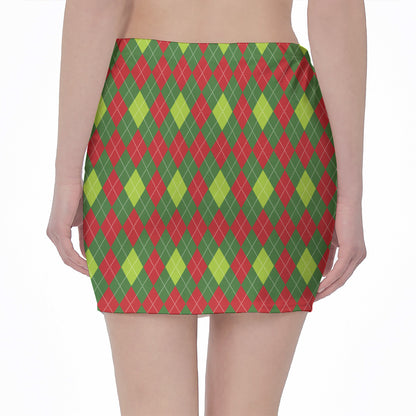Green And Red Christmas Argyle Print Pencil Mini Skirt