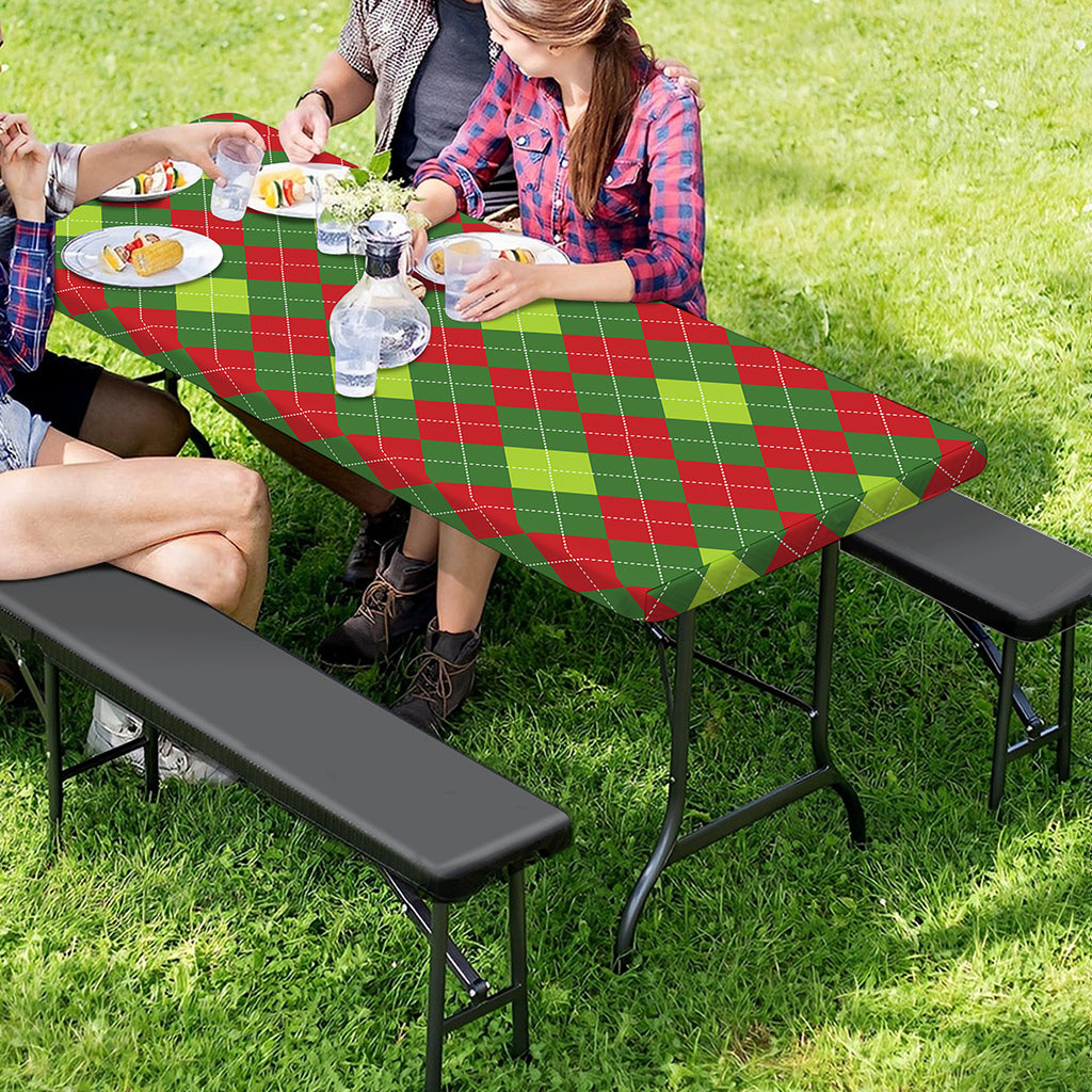 Green And Red Christmas Argyle Print Picnic Table Cover
