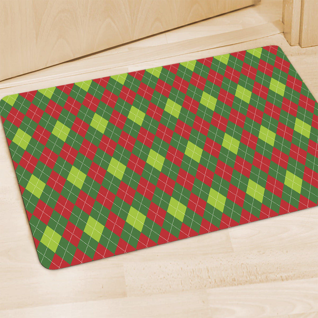 Green And Red Christmas Argyle Print Polyester Doormat