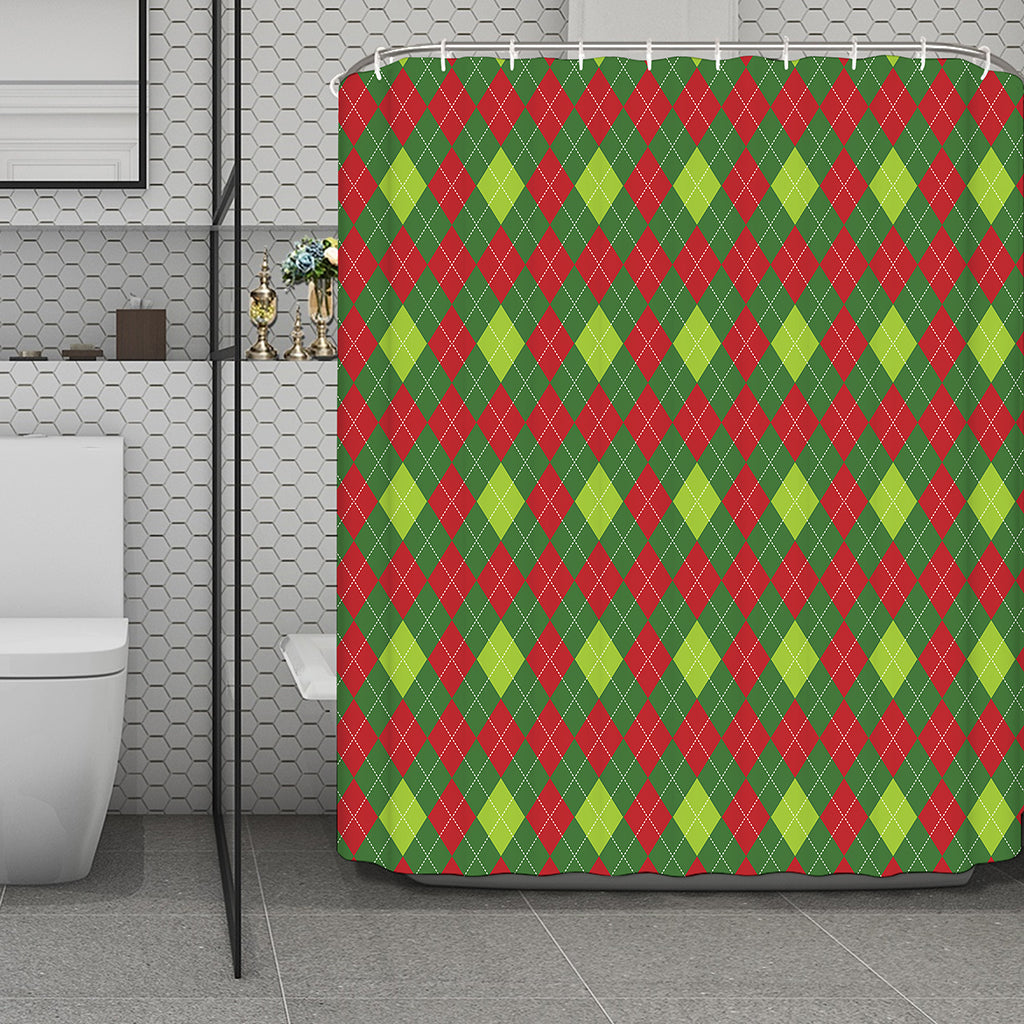 Green And Red Christmas Argyle Print Polyester Shower Curtain