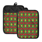 Green And Red Christmas Argyle Print Pot Holders With Pocket