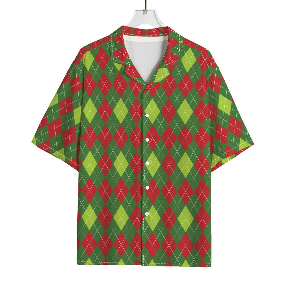 Green And Red Christmas Argyle Print Rayon Hawaiian Shirt