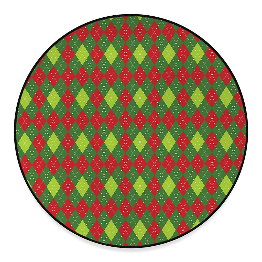Green And Red Christmas Argyle Print Round Floor Mat