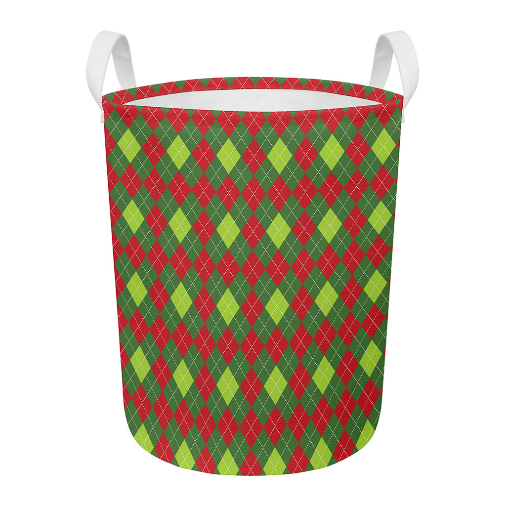 Green And Red Christmas Argyle Print Round Laundry Basket