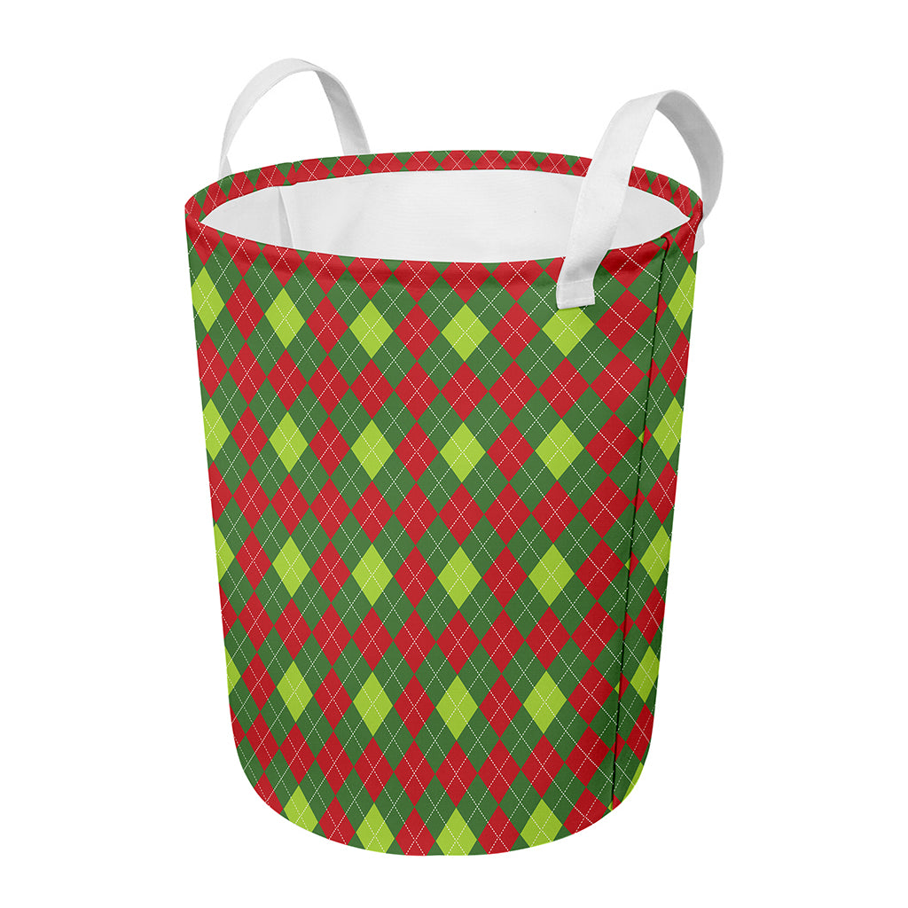 Green And Red Christmas Argyle Print Round Laundry Basket