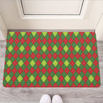 Green And Red Christmas Argyle Print Rubber Doormat