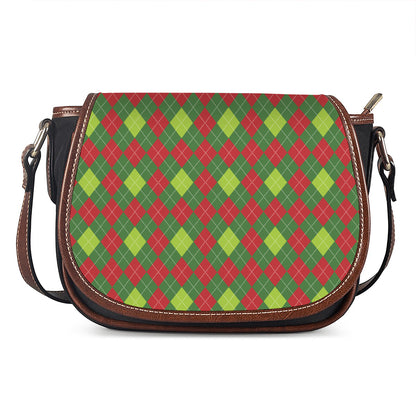 Green And Red Christmas Argyle Print Saddle Bag