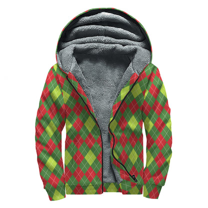 Green And Red Christmas Argyle Print Sherpa Lined Zip Up Hoodie