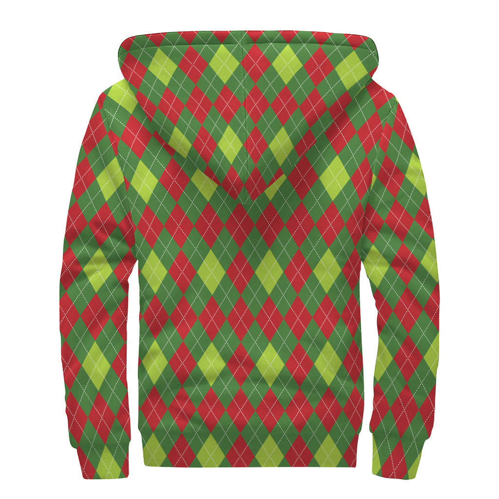 Green And Red Christmas Argyle Print Sherpa Lined Zip Up Hoodie