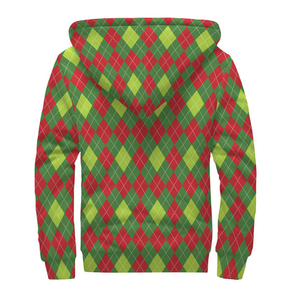 Green And Red Christmas Argyle Print Sherpa Lined Zip Up Hoodie