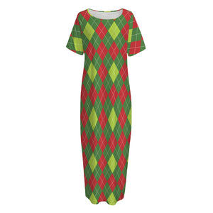 Green And Red Christmas Argyle Print Short Sleeve Long Nightdress