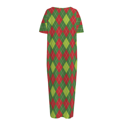Green And Red Christmas Argyle Print Short Sleeve Long Nightdress