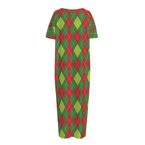 Green And Red Christmas Argyle Print Short Sleeve Long Nightdress