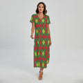 Green And Red Christmas Argyle Print Short Sleeve Maxi Dress