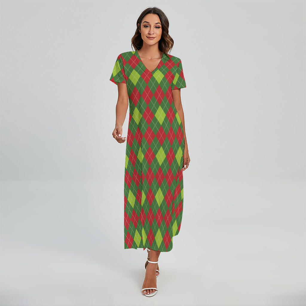 Green And Red Christmas Argyle Print Short Sleeve Maxi Dress