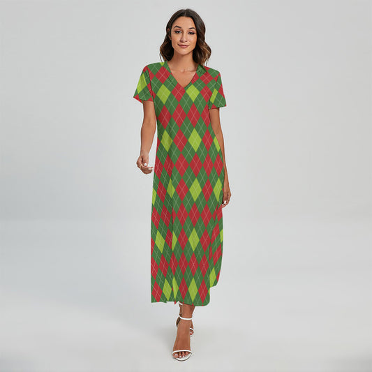 Green And Red Christmas Argyle Print Short Sleeve Maxi Dress