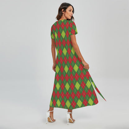 Green And Red Christmas Argyle Print Short Sleeve Maxi Dress