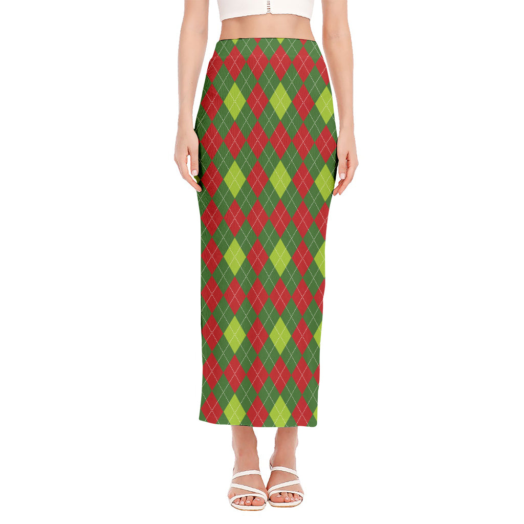 Green And Red Christmas Argyle Print Side Slit Maxi Skirt
