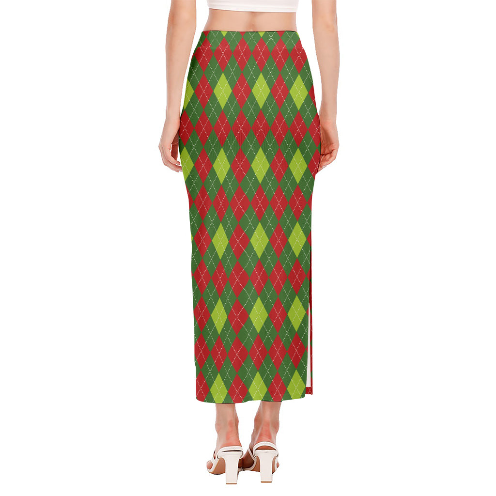 Green And Red Christmas Argyle Print Side Slit Maxi Skirt