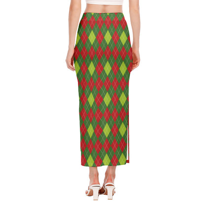 Green And Red Christmas Argyle Print Side Slit Maxi Skirt