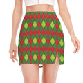 Green And Red Christmas Argyle Print Side Slit Mini Skirt