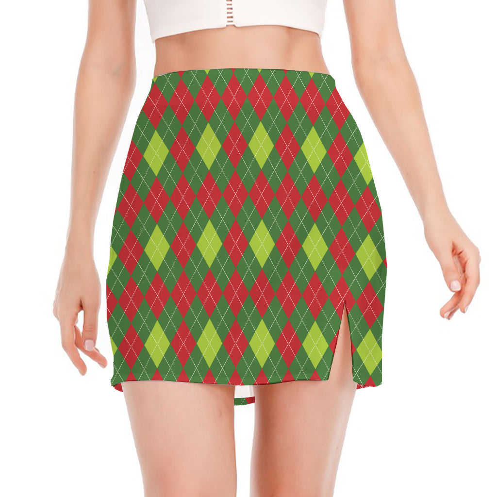 Green And Red Christmas Argyle Print Side Slit Mini Skirt