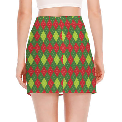Green And Red Christmas Argyle Print Side Slit Mini Skirt