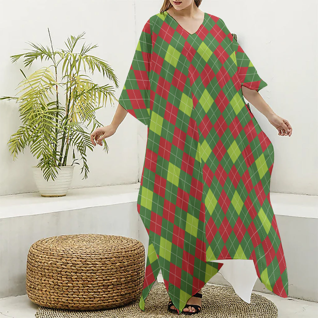 Green And Red Christmas Argyle Print Silk V-Neck Kaftan Dress