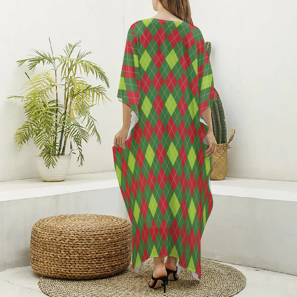 Green And Red Christmas Argyle Print Silk V-Neck Kaftan Dress