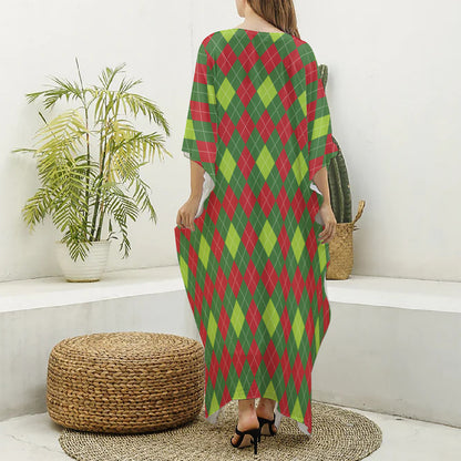 Green And Red Christmas Argyle Print Silk V-Neck Kaftan Dress