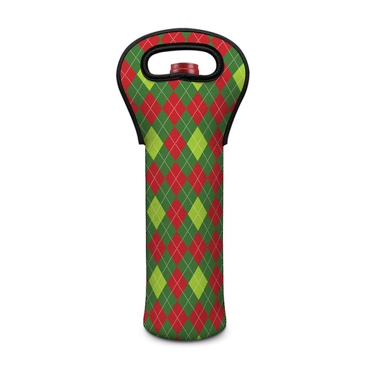 Green And Red Christmas Argyle Print Single Neoprene Wine Tote