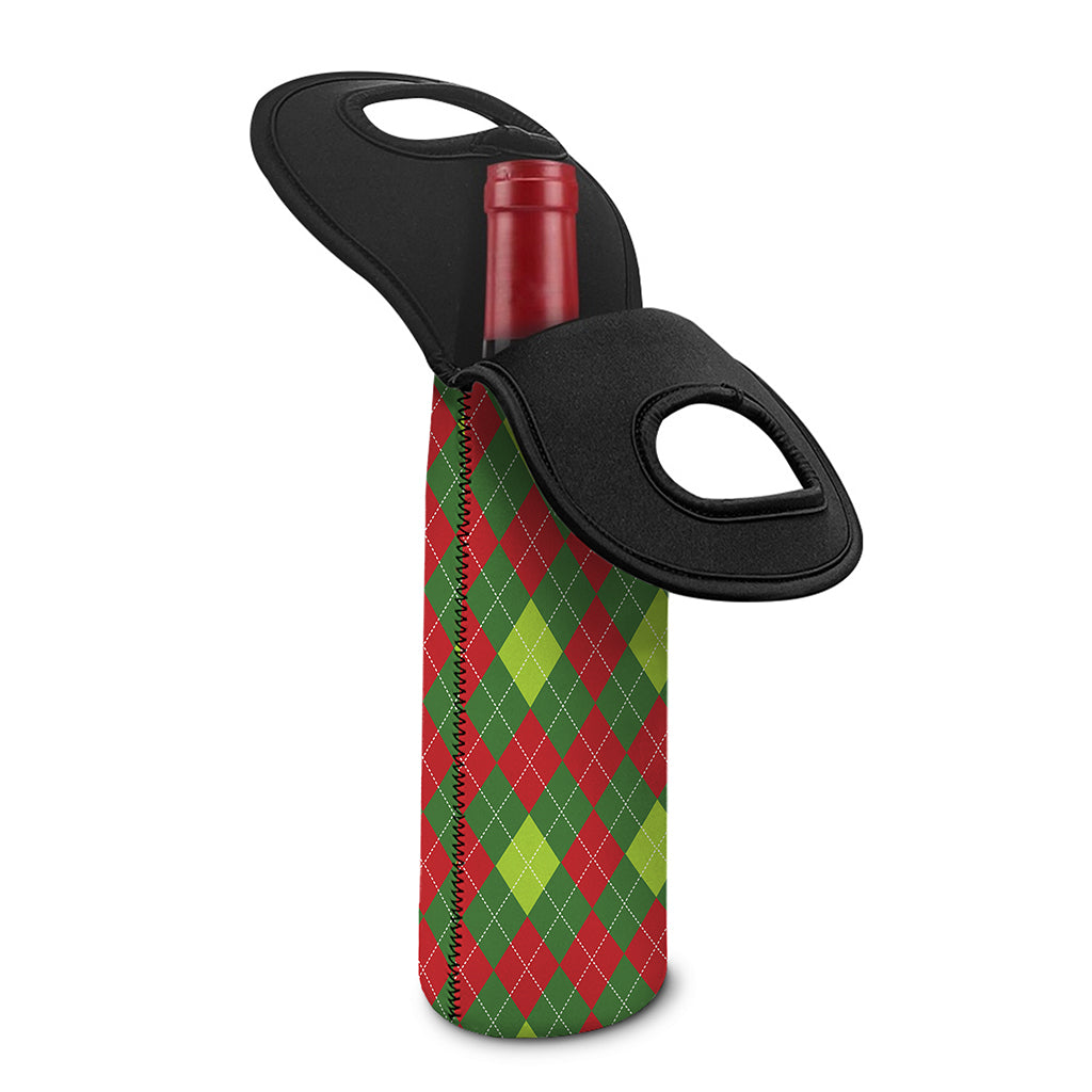Green And Red Christmas Argyle Print Single Neoprene Wine Tote