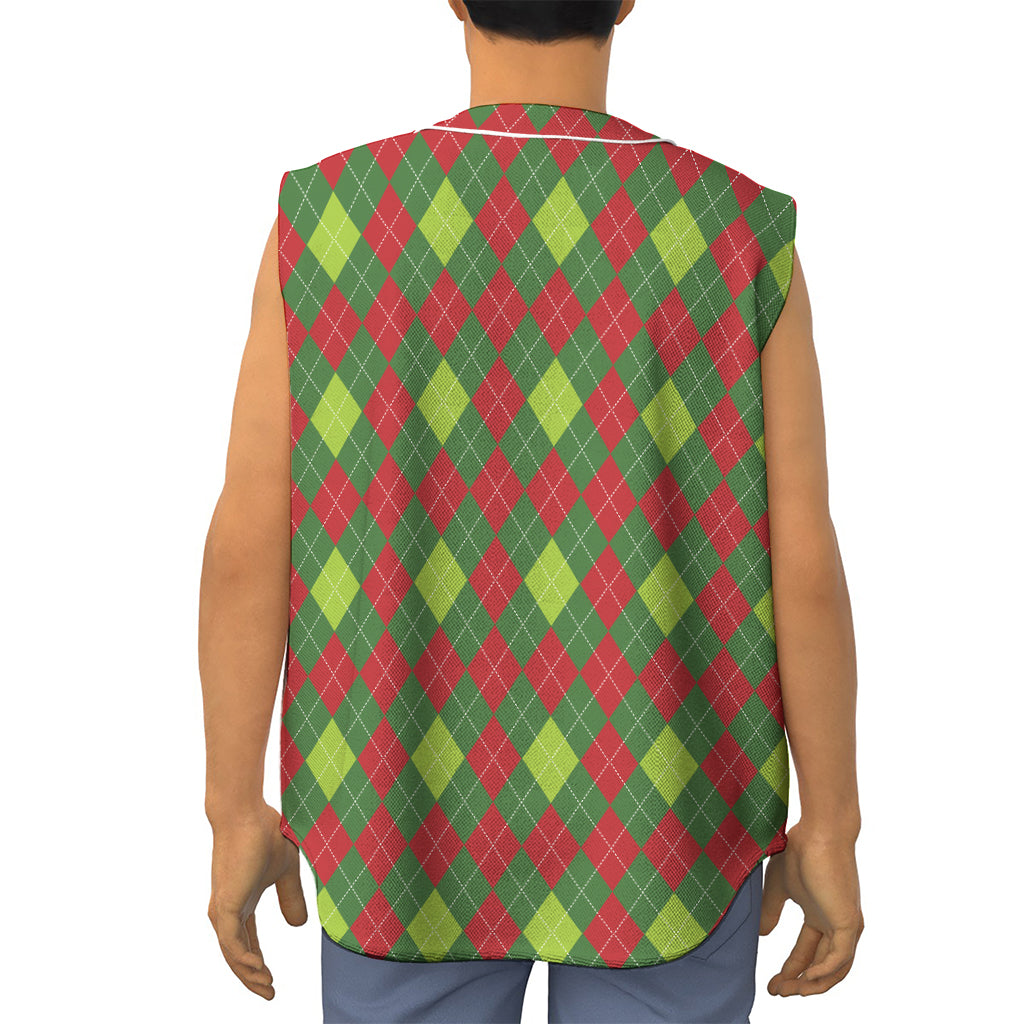 Green And Red Christmas Argyle Print Sleeveless Baseball Jersey