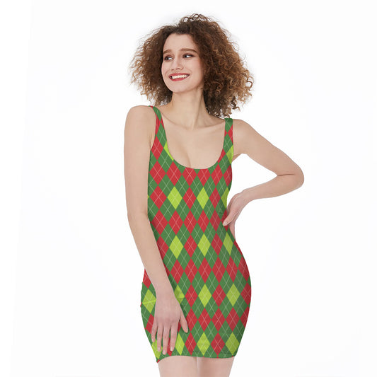 Green And Red Christmas Argyle Print Sleeveless Bodycon Dress