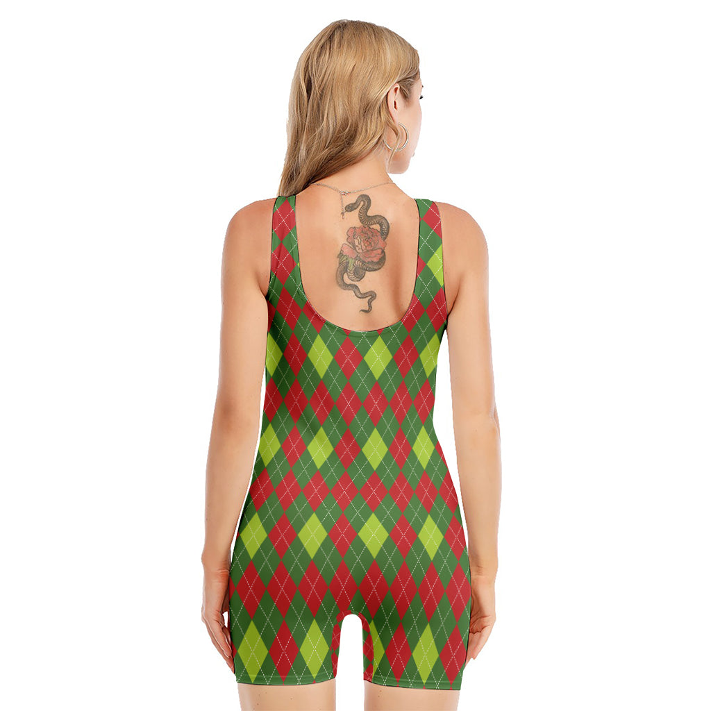 Green And Red Christmas Argyle Print Sleeveless One Piece Swimsuit