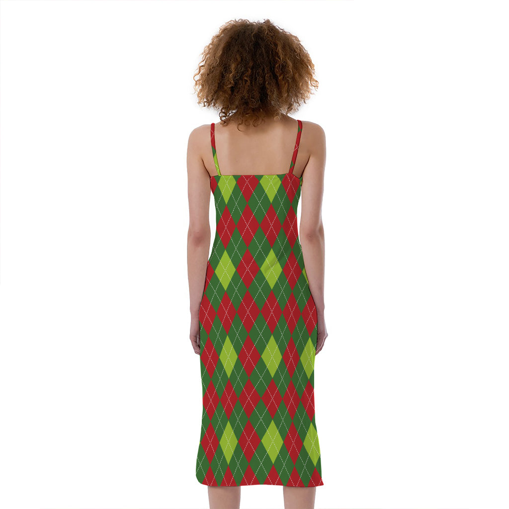Green And Red Christmas Argyle Print Slim Fit Midi Cami Dress