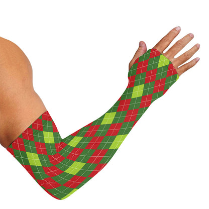 Green And Red Christmas Argyle Print Sun Protection Arm Sleeves
