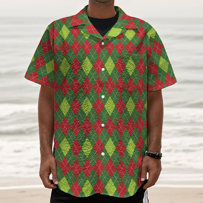 Green And Red Christmas Argyle Print Textured Short Sleeve Shirt