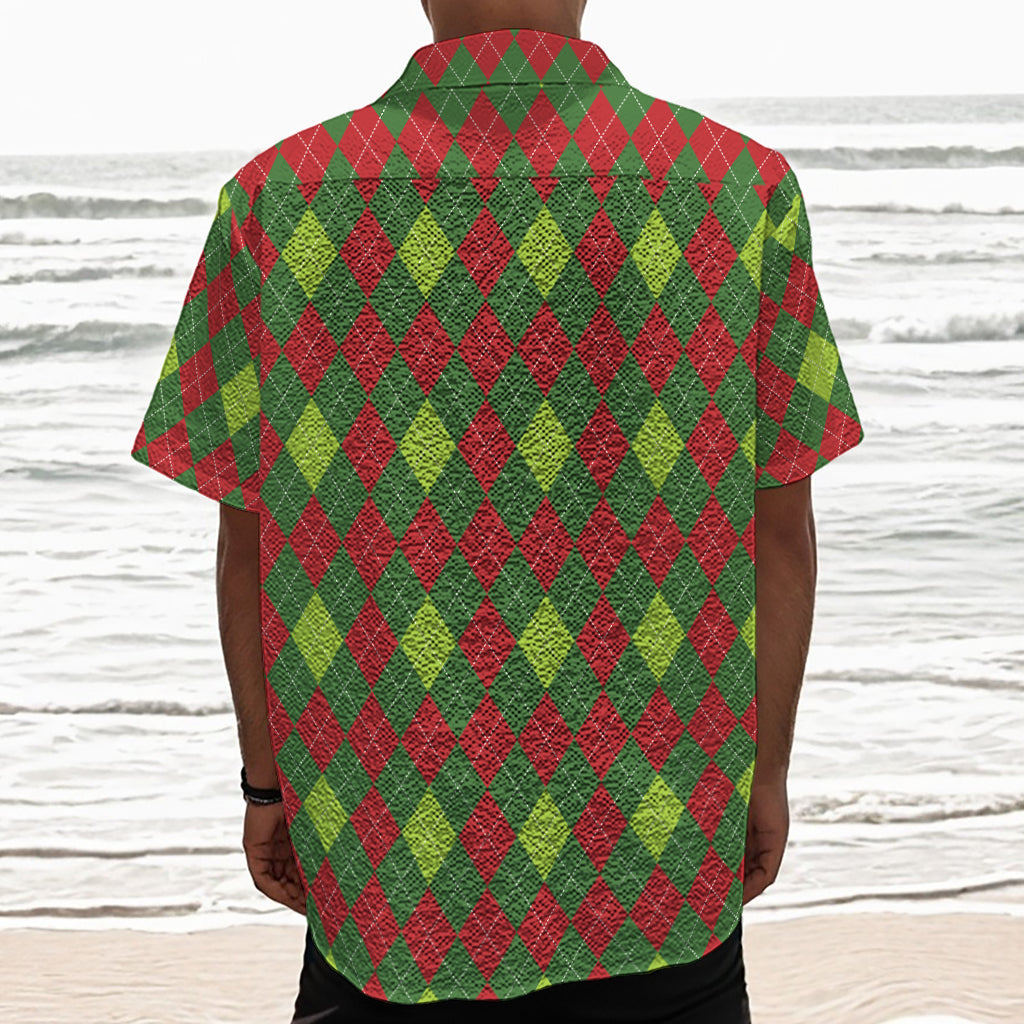 Green And Red Christmas Argyle Print Textured Short Sleeve Shirt