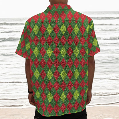 Green And Red Christmas Argyle Print Textured Short Sleeve Shirt