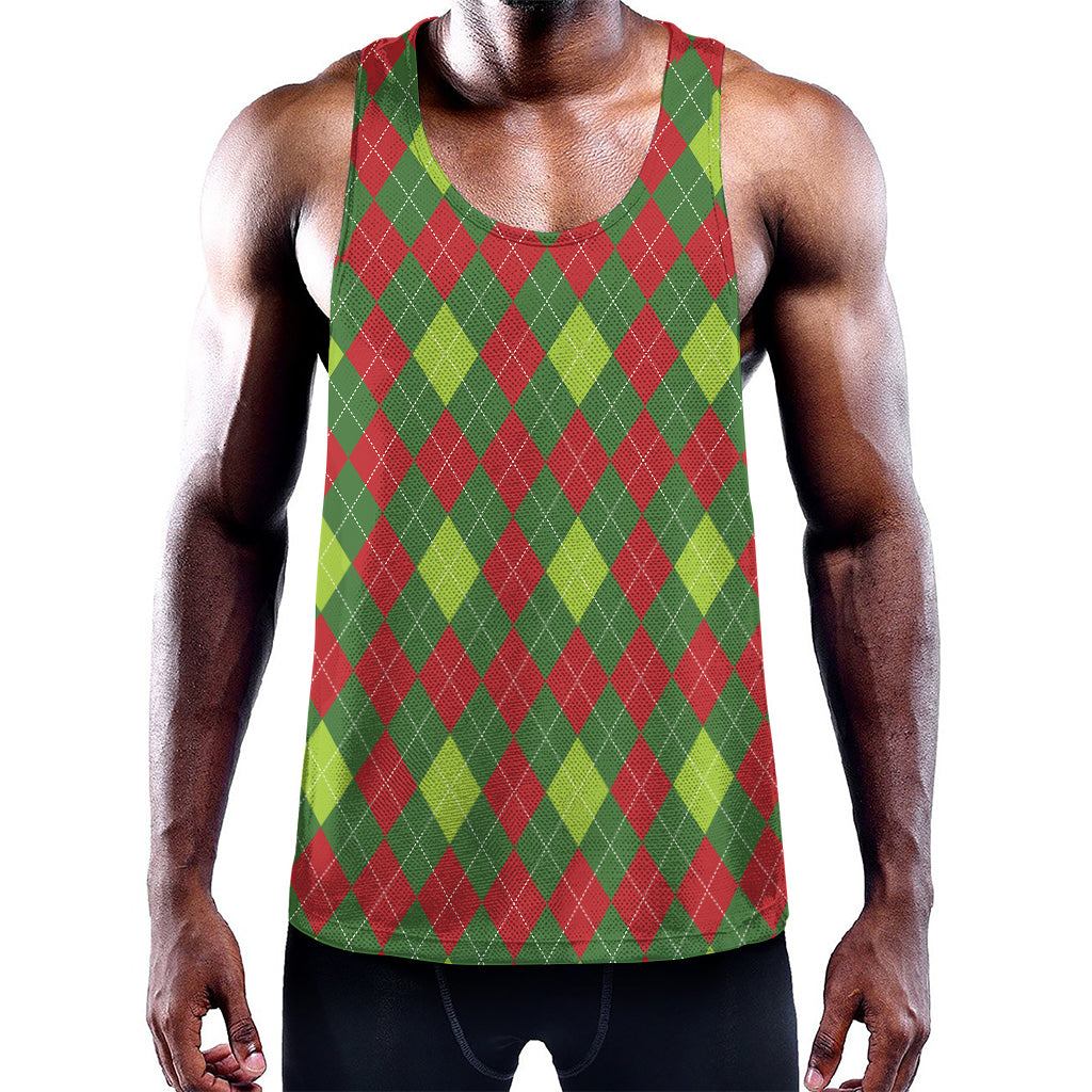 Green And Red Christmas Argyle Print Training Tank Top