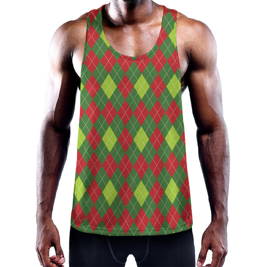 Green And Red Christmas Argyle Print Training Tank Top