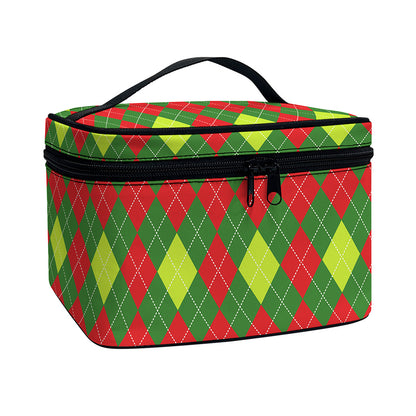 Green And Red Christmas Argyle Print Travel Makeup Bag