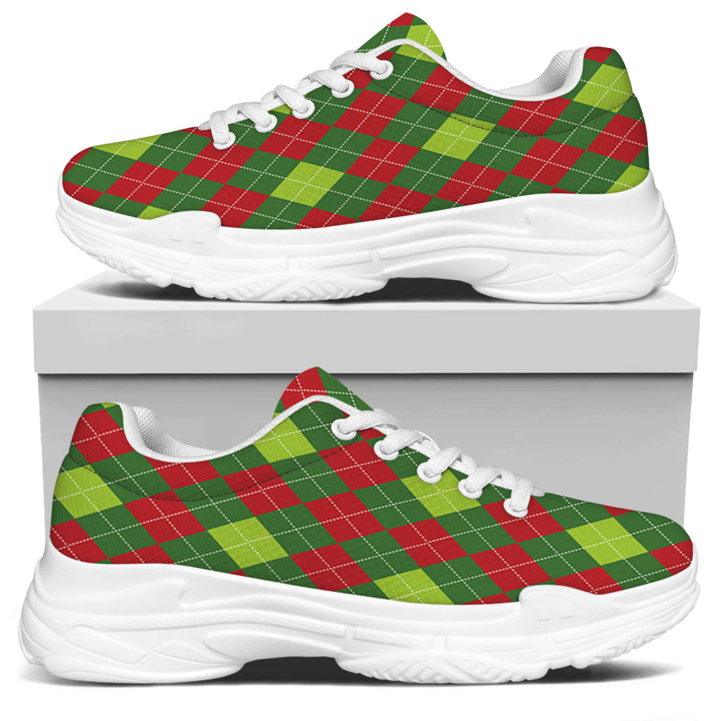Green And Red Christmas Argyle Print White Chunky Shoes