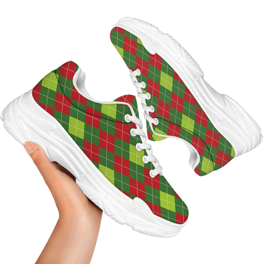 Green And Red Christmas Argyle Print White Chunky Shoes