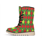 Green And Red Christmas Argyle Print Winter Boots