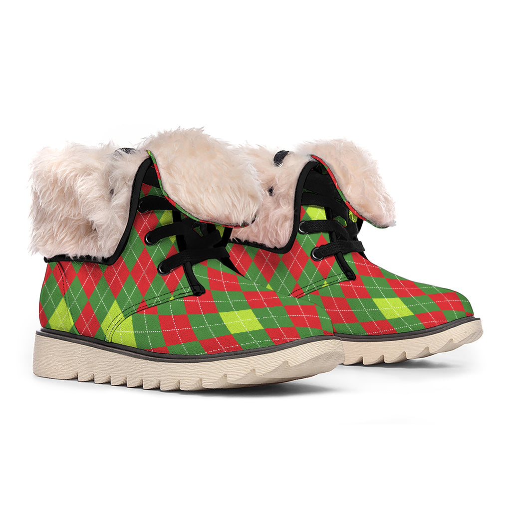 Green And Red Christmas Argyle Print Winter Boots