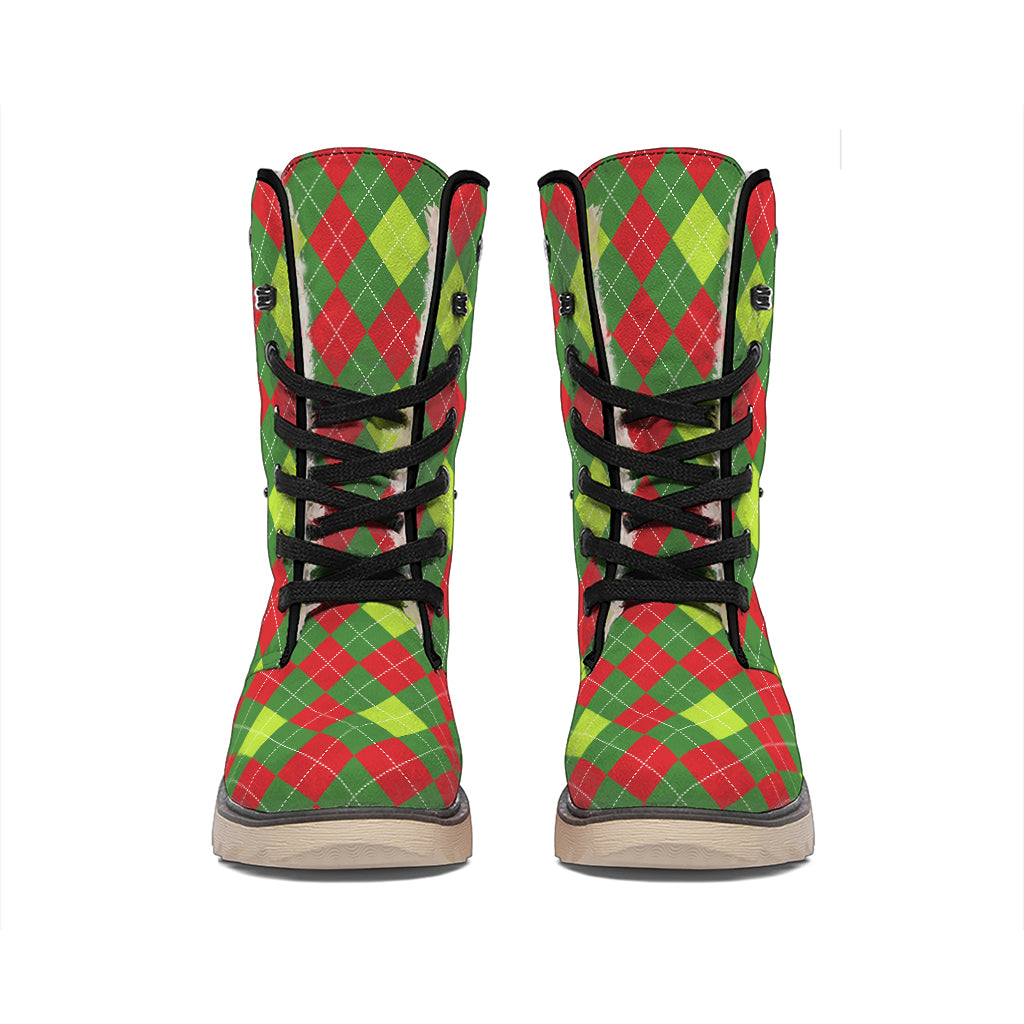Green And Red Christmas Argyle Print Winter Boots