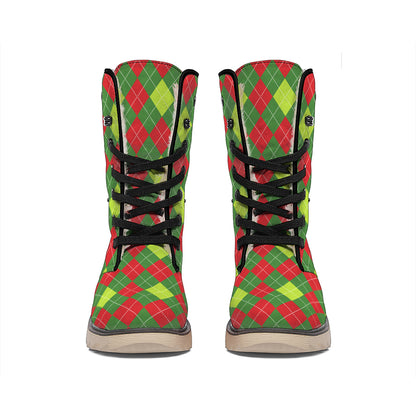 Green And Red Christmas Argyle Print Winter Boots